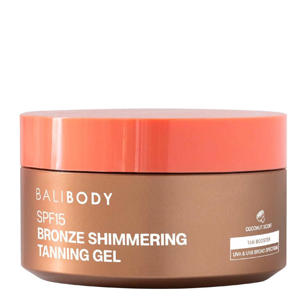 Bali Body Bronze Shimmering Tanning Gel SPF 15  Sun-Kissed Glow with Coconut Scent, Carrot Root & Vitamin E  Organic Bronzer & Shimmer Sunscreen for Quick Tan, Hydration & Even Skin Tone