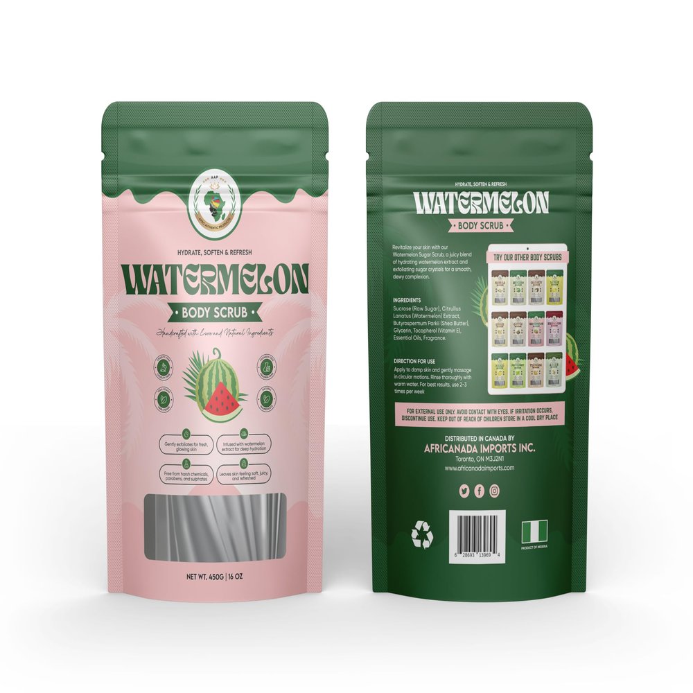 Afro Authentic Watermelon Sugar Scrub  Hydrating & Refreshing Exfoliant | Fruity Fun for Glowing Skin | 450g / 16oz Resealable Bag