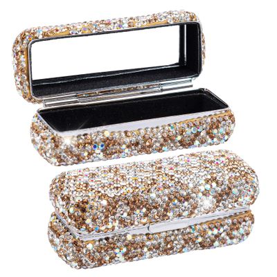 Framendino, Metal Lipstick Case With Mirror Bling Crystal Lip Pomade Holder for Women (Champagne)