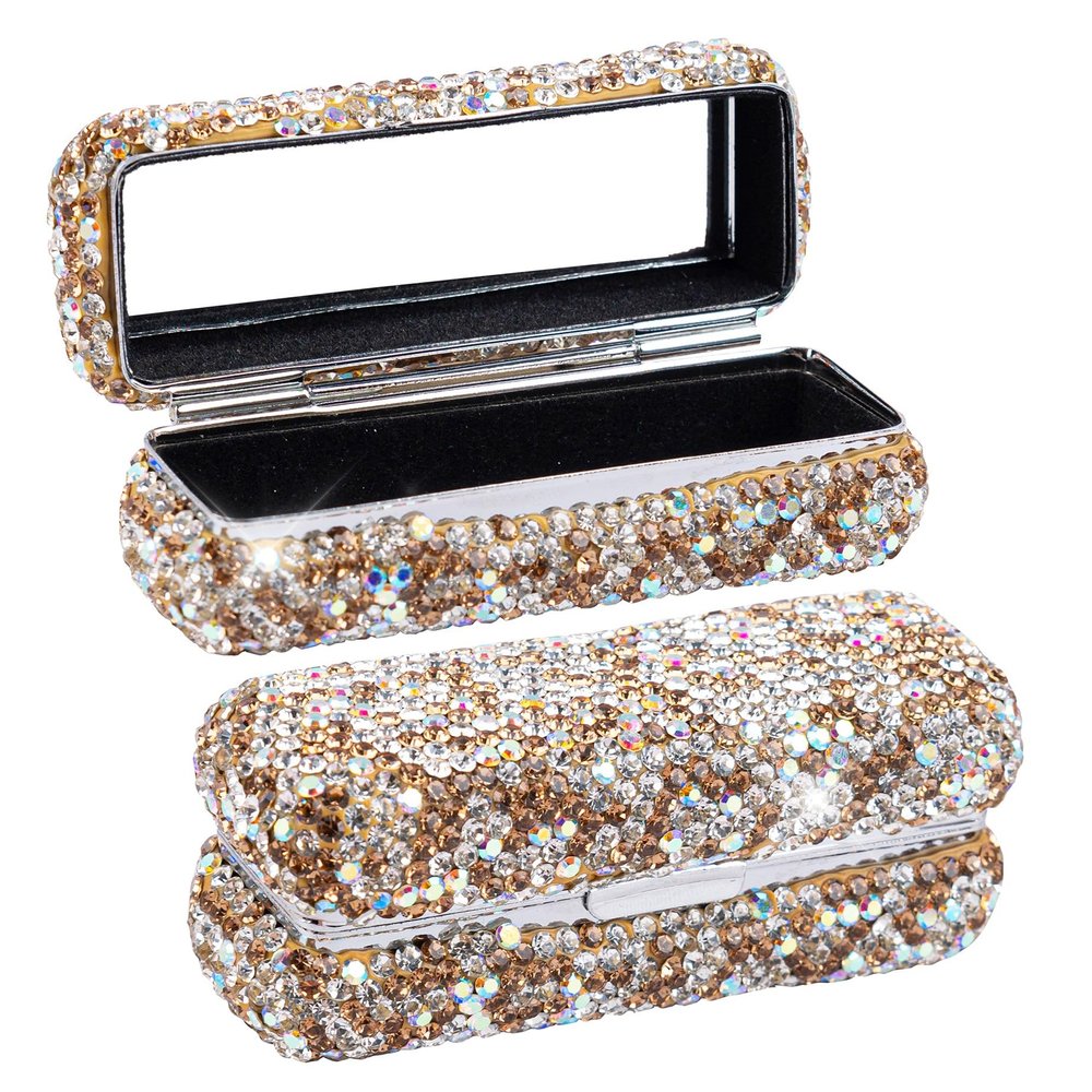 Framendino, Metal Lipstick Case With Mirror Bling Crystal Lip Pomade Holder for Women (Champagne)