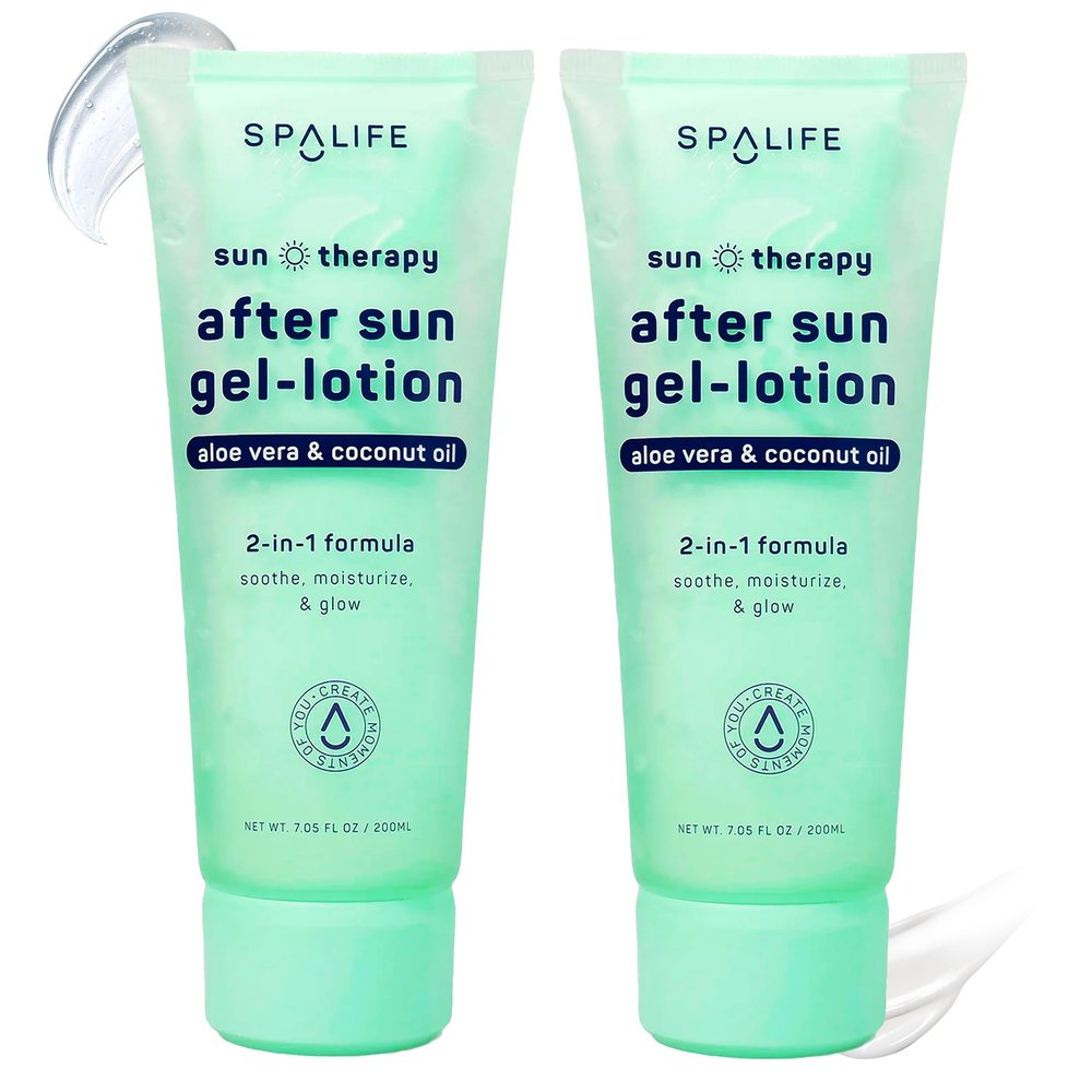 SpaLife 2-in-1 Cooling After Sun Aloe Vera Gel & Coconut Oil Moisturizer | Hydrating Aloe Vera After Sun Lotion | Soothing & Fast Absorbing After Sun Burn Relief | 7.05 Fl. Oz. (Pack of 2)