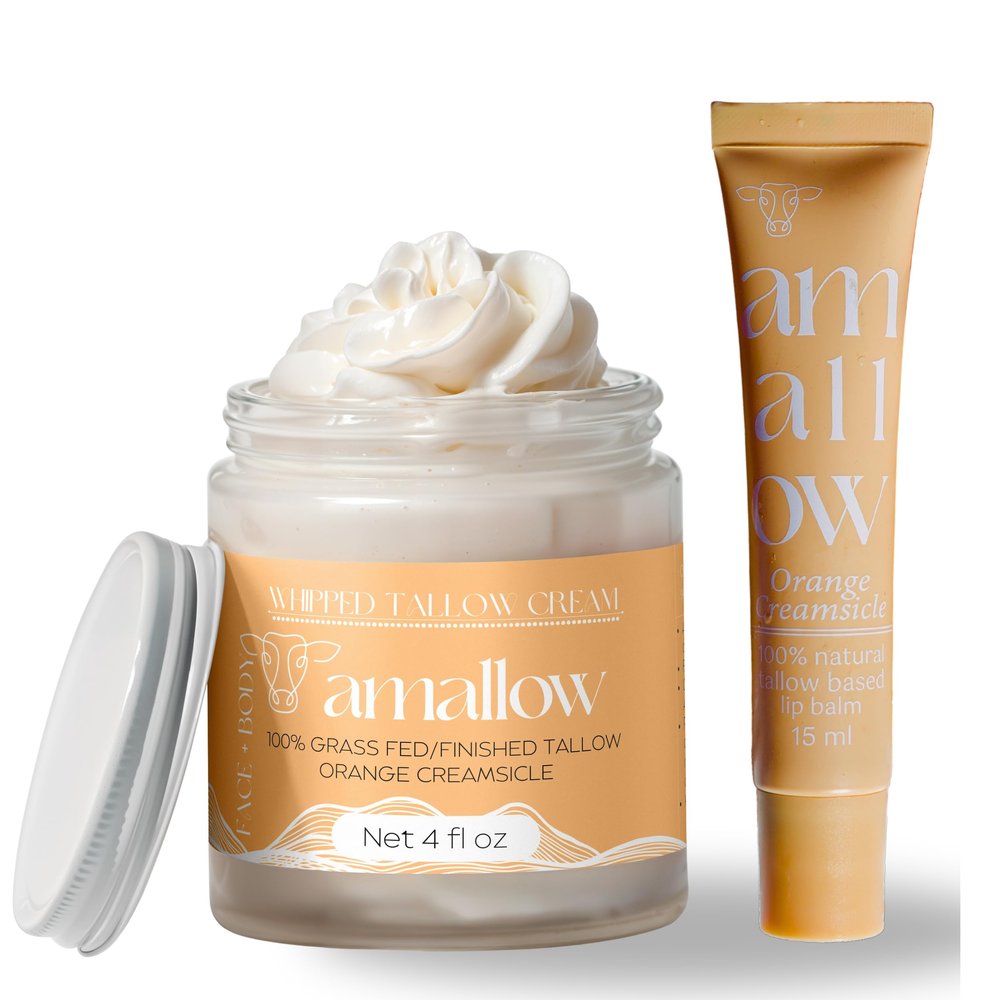 Amallow 100% Grass Fed Beef Tallow Skincare & Lip Balm Set - Whipped Moisturizer for Face & Body (Orange Creamsicle) + All Natural Tallow Lip Balm (Orange Creamsicle)