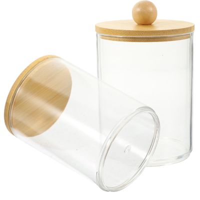 CONGARTENO 2pcs Acrylic Makeup Storage Jar with Bamboo Lid Cotton Swab and Toothpick Holder Decorative Container for Bathroom and Vanity Organization