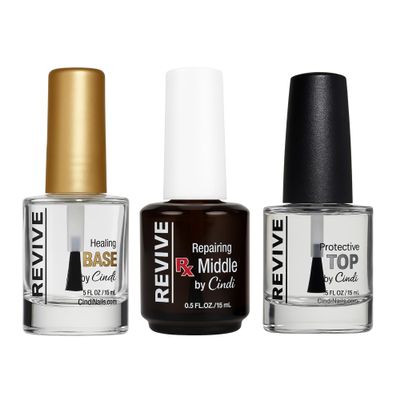 "Cindi Nails Revive and Grow Nail Treatment Set  Healing Base Coat, Repairing Middle Coat, and UV Protecting Fast Drying  7-Free, Chip Resistant, No Light Curing, All Natural, Non Toxic "