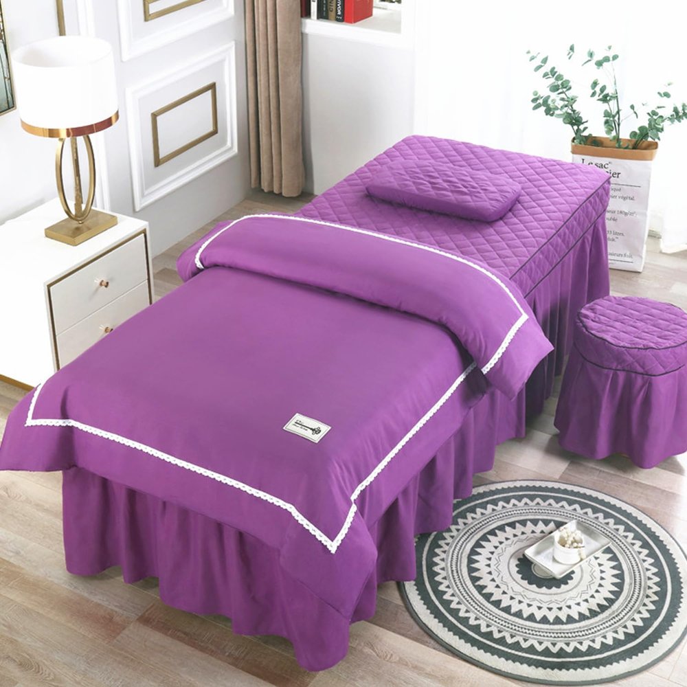 LDLCYCN Purple,70 * 185cm(R), 4 Piece Massage Bed Skirt Beauty Salon Bed Cover Quilted Massage Table Skirt SPA Couch Cover with Face Hole All-Round Wrap for Beauty Square Head Round Head Washable