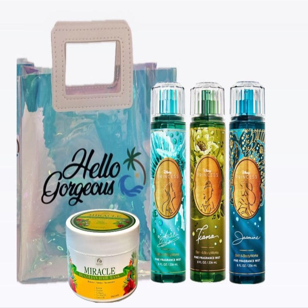 Princess Festival Body 3 Spray Collection - ARIEL - TIANA - JASMINE - White Barn - Bath Body/Work -Premium Beauty - Full Size and Hello Gorgeous Gift Bag with MIRACLE Brazilian Hair Mask