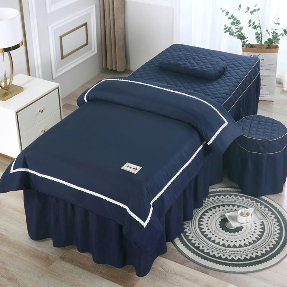 LDLCYCN Blue/a,80 * 190cm(S), 4 Piece Massage Bed Skirt Beauty Salon Bed Cover Quilted Massage Table Skirt SPA Couch Cover with Face Hole All-Round Wrap for Beauty Square Head Round Head Washable