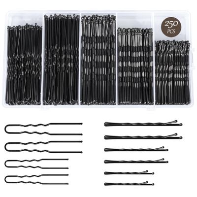 250PCS Hair Pins Bobby Pin Set, Assorted Sizes Wave Bobby Pins 2inch 2.36inch 2.75inch for All Hair Types + 2 Sizes U Shaped Hair Pins for Buns 2.36inch 2.75inch, Black for Girls Women