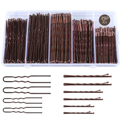 250PCS Hair Pins Bobby Pin Kit, Assorted Sizes Wave Bobby Pins 2inch 2.36inch 2.75inch for All Hair Types + 2 Sizes U Shaped Hair Pins for Buns 2.36inch 2.75inch, Brown for Girls Women