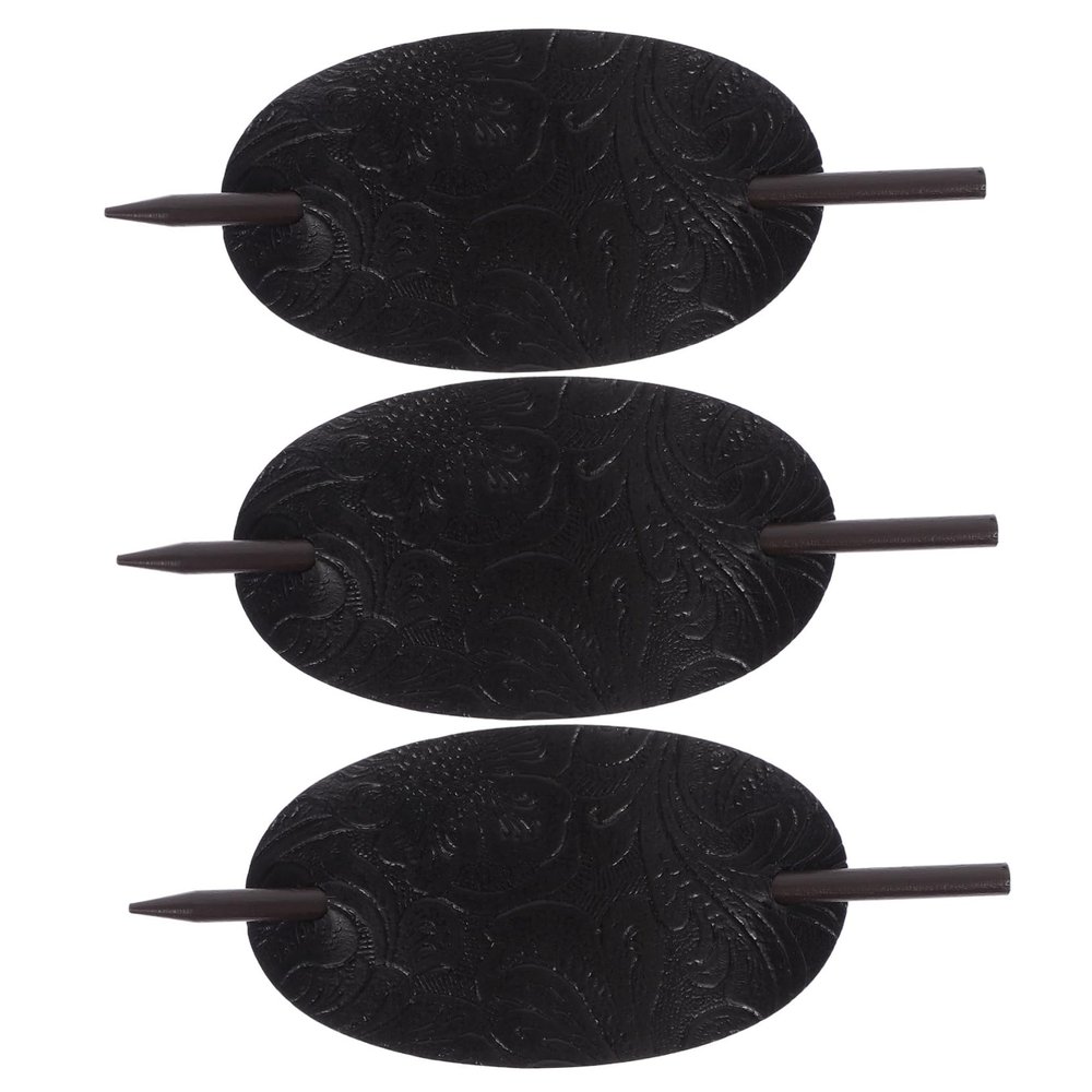 DECORNIJIA 3pcs Leather Hair Bun Holder with Stick Oval Shape Hair Pin for Daily Use