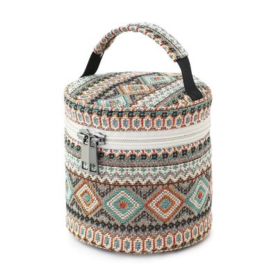 BBORGDC Portable Makeup Bag Round Cylinder, Small Hand Carry Boho Jacquard Toiletry Bag, Purse Organizer for Women Girls, Travel Gift
