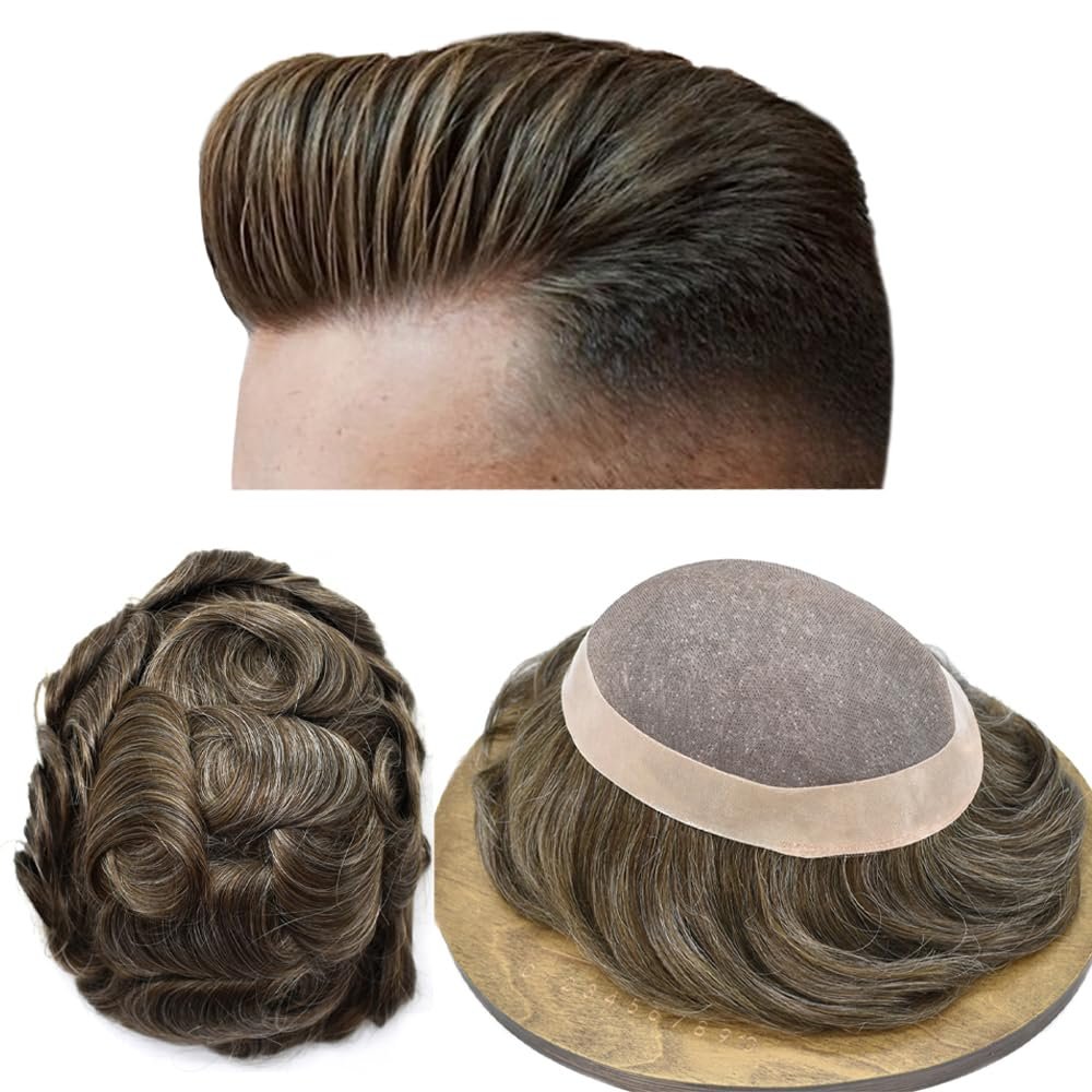 Healthlif Men Toupee Human Hair Durable Fine Monofilament Toupee For Man Natural Hairline Men Hairpiece Breathable Human Hair System Toupee 8X10#440#4 Medium Brown+40% Grey 120% Density