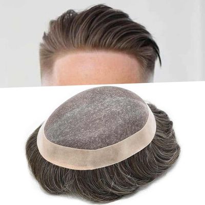 Healthlif Men Toupee Human Hair Durable Fine Monofilament Toupee For Man Natural Hairline Men Hairpiece Breathable Human Hair System Toupee 6X9#320#3 Dark Brown+20% Grey 120% Density