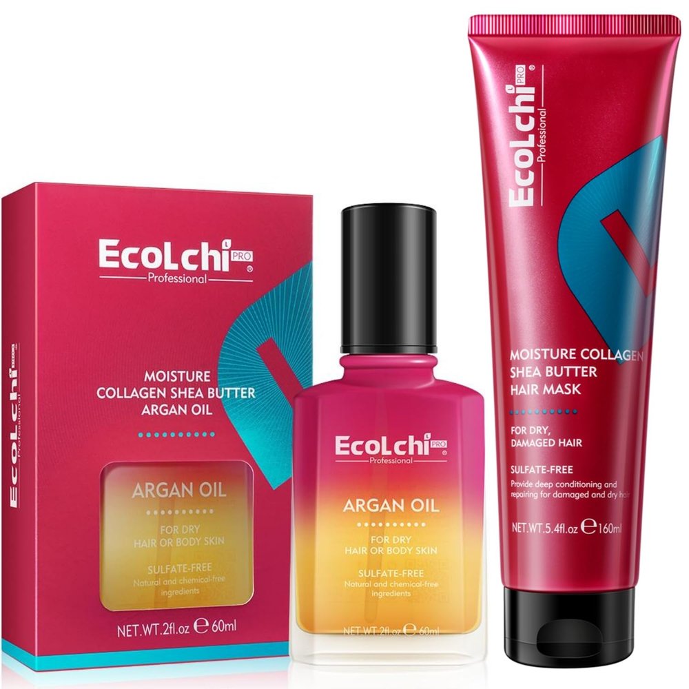 ECOLCHIPRO Ecolchi Collagen Hair Mask and Argan Oil Set Moisture Collagen Shea Butter Hair Treatment and Hair Oil for Dry and Damaged Hair All Hair Types 160ml+60ml