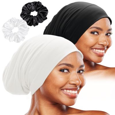 Sleep Cap Bonnet for Sleeping Black Women, Adjustable Cooling Ice Silk Lined Bonnet for Curly Braids Hair Cover Beanie Hat
