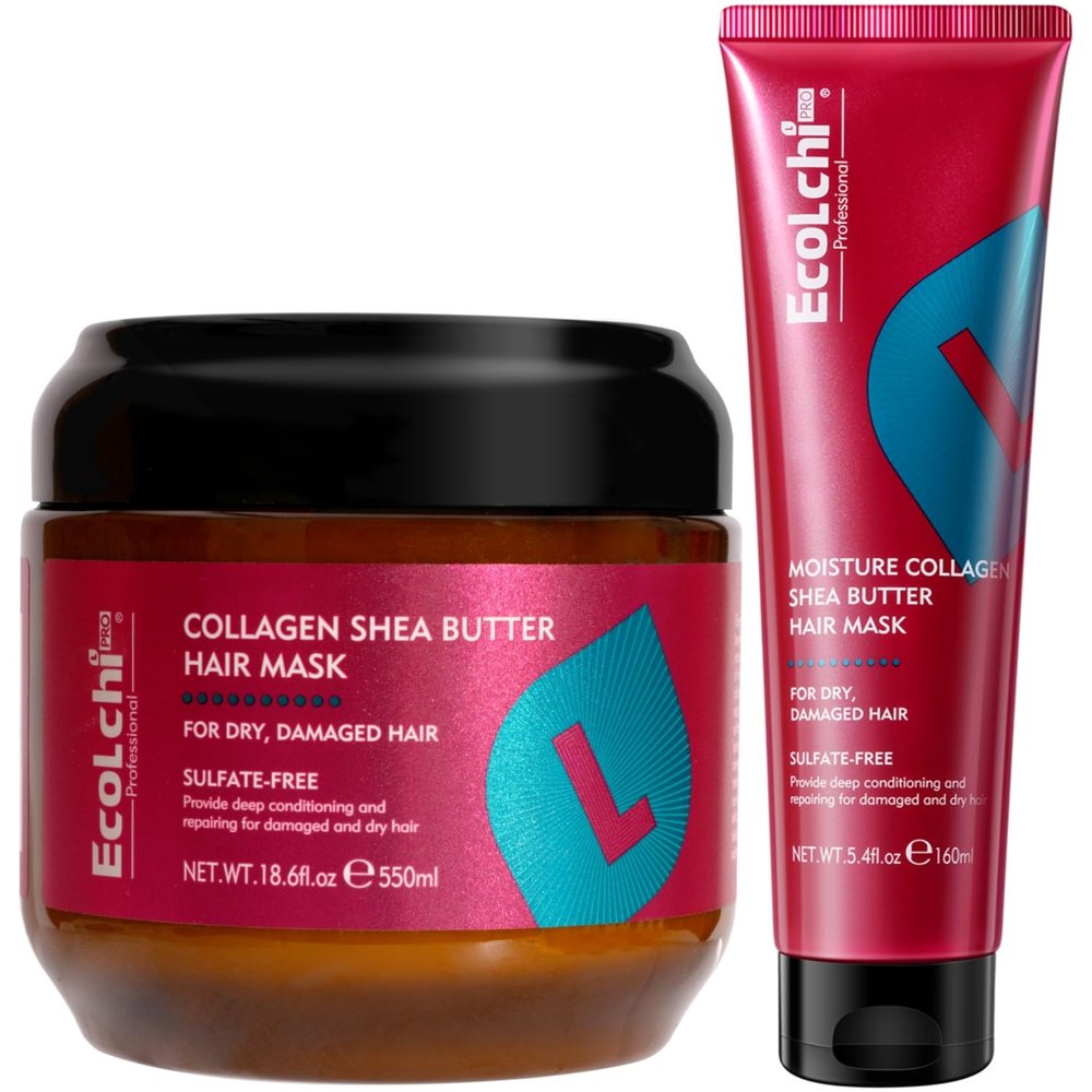 ECOLCHIPRO Ecolchi Collagen Hair Mask Set Deep Repair Conditioning Moisture Collagen Shea Butter Hair Treatment for Dry and Damaged Hair All Hair Types 550ml+160ml