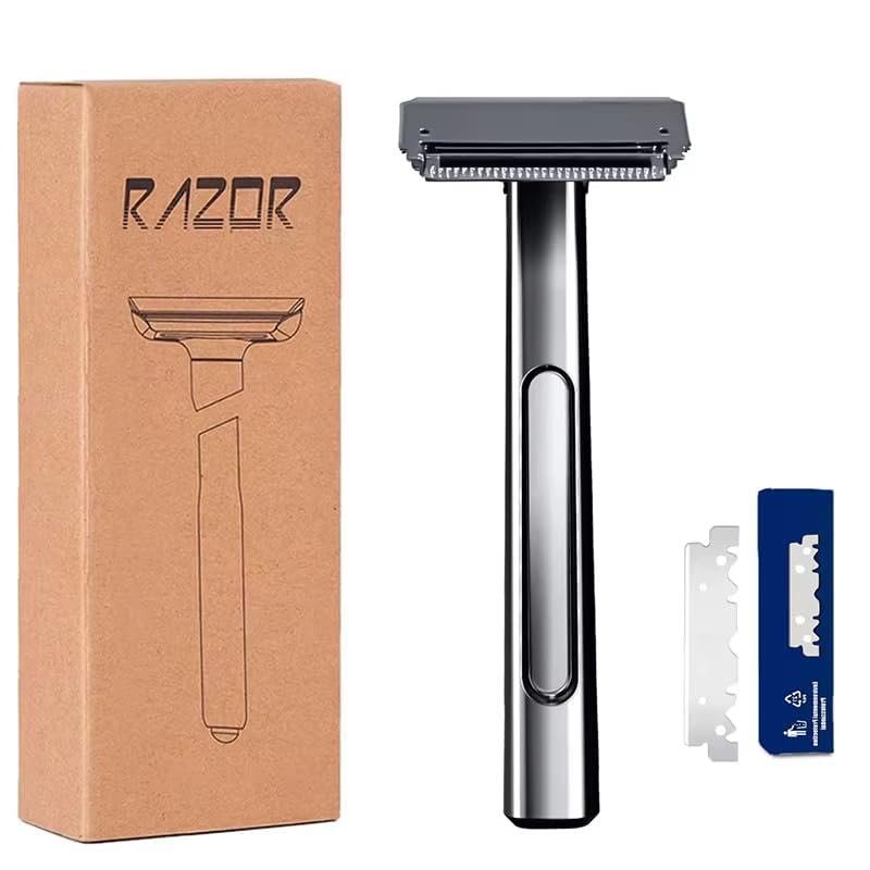 Interchangeable Blade Double Razor All-Metal Shaver For Women And Men With 10 Stainless Steel Single-Edge Blades (grey-black)