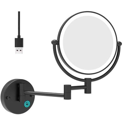 8" Wall Mounted USB Rechargeable Makeup Mirror, 1X/5X Magnification, LED Lighted Touch Screen, 360 Swivel Vanity Mirror, Black