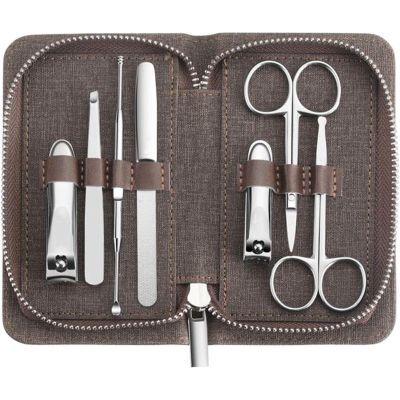 LBGMEIG Stainless Steel Nail Clippers Set Silver Eyebrow Scissors Ear Pick Nail Clippers Makeup Tool (7 Piece Set) Travel Manicure Set