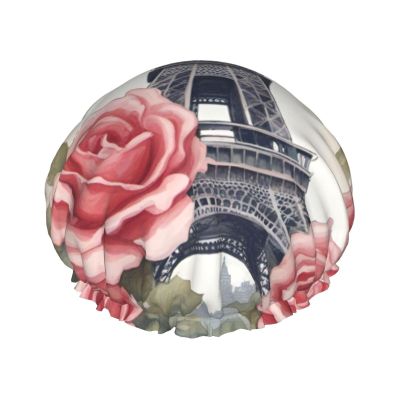 Eiffel Tower Rose Flower Print Elastic And Reusable Hair Bath Caps Double Waterproof Layers Bathing Hat