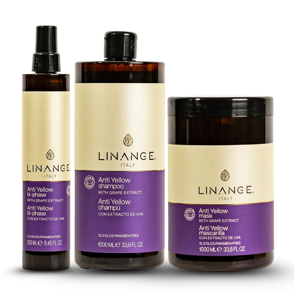 Linange No Yellow Shampoo, Mask & Bi-Phase Kit | Neutralizes Brassiness in Blonde, Bleached & Grey Hair | Enriched with Grape Extract & Violet Pigment for Hydration & Shine