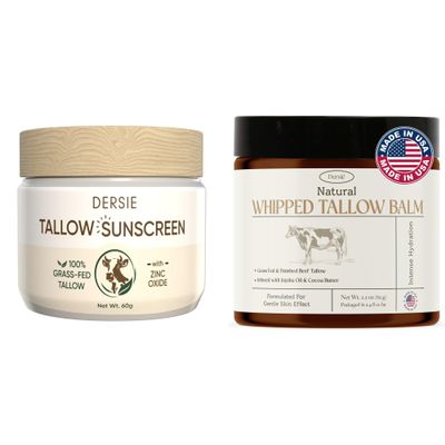 Dersie Tallow Skincare Bundle  Whipped Tallow Balm + Tallow Sunscreen with Zinc Oxide  100% Grass-Fed Moisturizer & Sun Protection  Natural, Non-Greasy, Gentle for All Ages