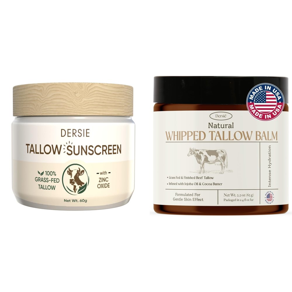 Dersie Tallow Skincare Bundle  Whipped Tallow Balm + Tallow Sunscreen with Zinc Oxide  100% Grass-Fed Moisturizer & Sun Protection  Natural, Non-Greasy, Gentle for All Ages