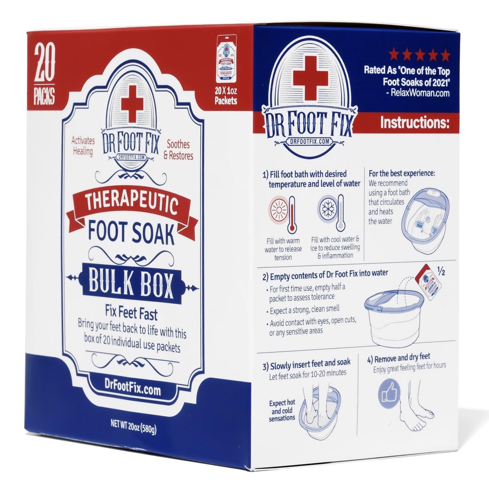 Dr Foot Fix Therapeutic Foot Soak. Organic Tea Tree, Peppermint & Birch Oil. Helps Soak Toenail Fungus, Athletes Foot & Stubborn Foot Odor - Soothes Feet - Tingles for Hours (20 Pack Retail Box)