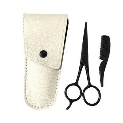 BIUDECO 3Pcs Beard Scissors Set Stainless Beard Trimming Tool for Care Includes Black Scissors Apricot Leather and Small Comb for Grooming and Styling