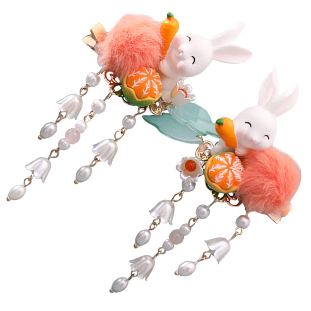 FRCOLOR 2Pcs Bunny Hair Barrettes with Balls and Dangle Tassels Cute Ancient Style Hair Clips for Women for Weddings Parties and Daily Wear