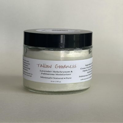 100% Grass-Fed Tallow Moisturizer  Whipped Suet Balm with Essential Oils | Natural Skin Hydration | Choose from Lavender or Unscented (4 ounces, Helichrysum Palmarosa & Lavender)