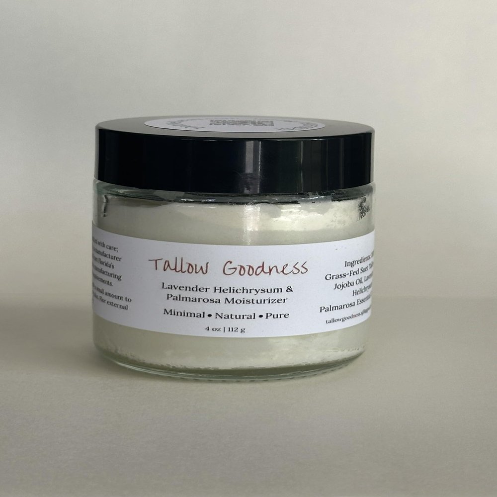 100% Grass-Fed Tallow Moisturizer  Whipped Suet Balm with Essential Oils | Natural Skin Hydration | Choose from Lavender or Unscented (4 ounces, Helichrysum Palmarosa & Lavender)
