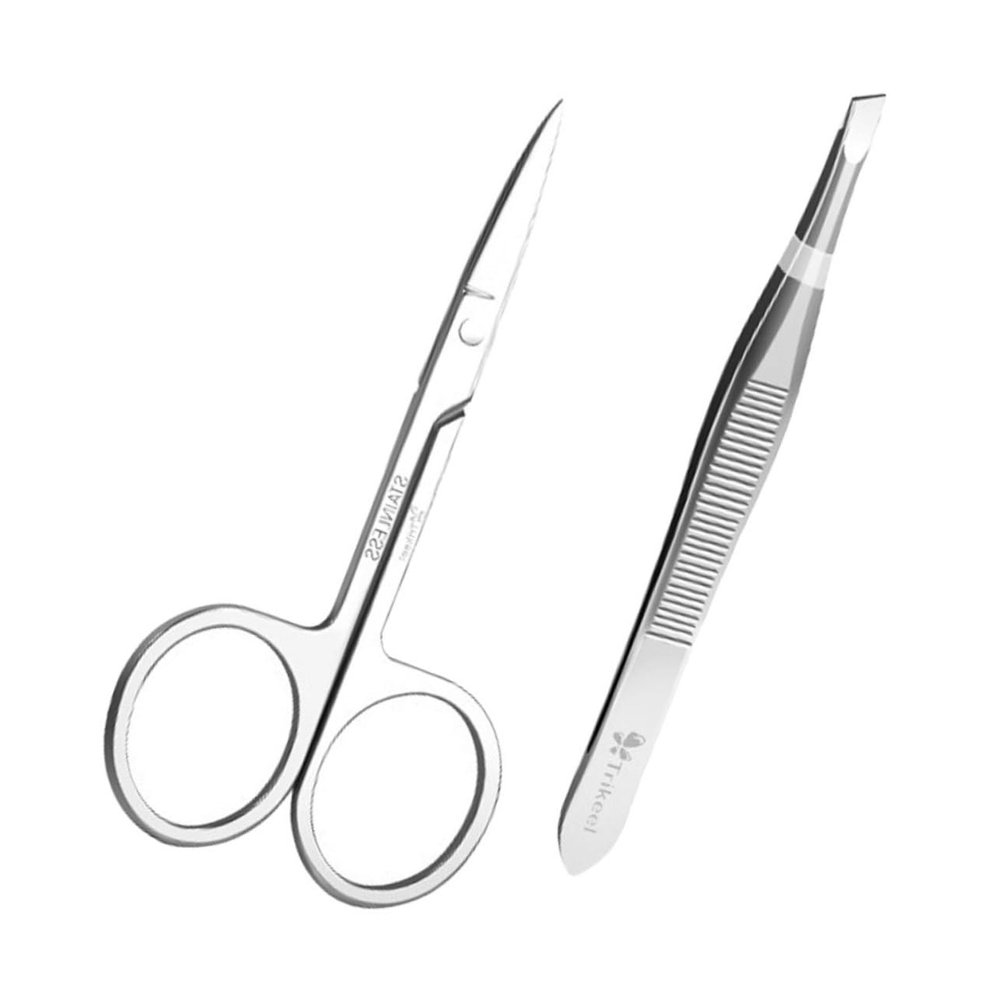 VICASKY Professional Stainless Steel Eyebrow Tweezer Scissor Set 2-Piece Beauty Makeup Tools for Precision Grooming for Eyebrow Shaping and Facial Hair Removal