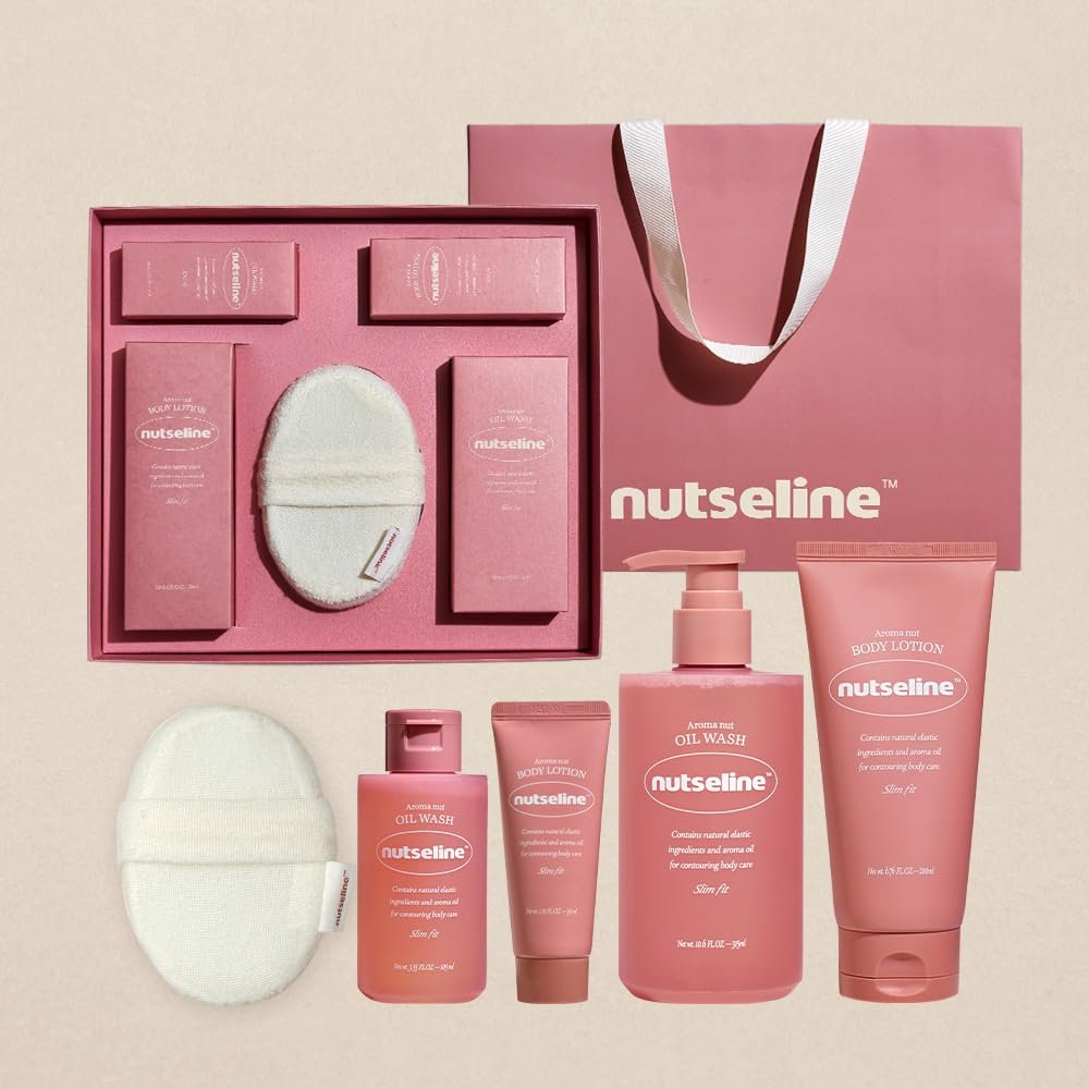 [AROMA NUT] Natural Body Care Gift Set  Korean Skincare Firming Oil Wash 315ml + Body Lotion 200ml + Travel Sizes + Body Sponge | Moisturizing, Aromatherapy Spa Kit