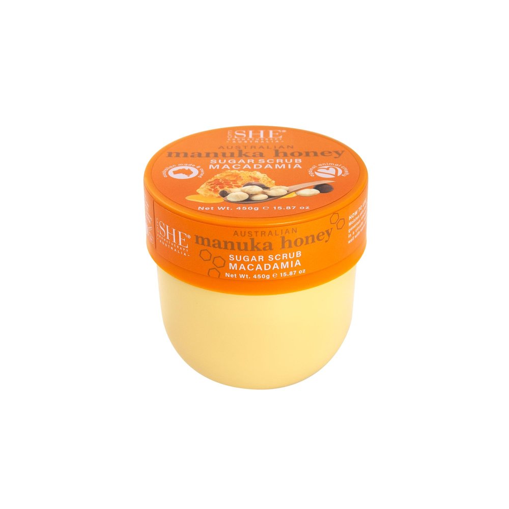 Om SHE Aromatherapy Manuka Honey Sugar Scrub with Macadamia 15.87oz - Exfoliating Body Scrub, Natural Sugar, Micro Bead Free, Rosehip Oil. Australian made.