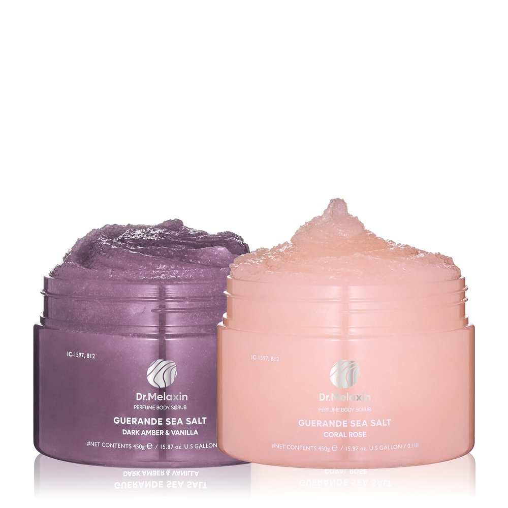 Dr.Melaxin Guerande Sea Salt Perfume Exfoliating Body Scrub for Smooth Skin Body, Amber & Vanilla Scent+Coral Rose Scent