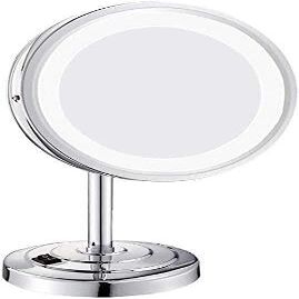 8-Inch Desktop Makeup Mirror, 3X Magnification, 360 Rotation, LED Lighted, Silver Plated, Adjustable Height, Stylish and Corrosion-Resistant Vanity Mirror for Bedroom, Bathroom, Spa