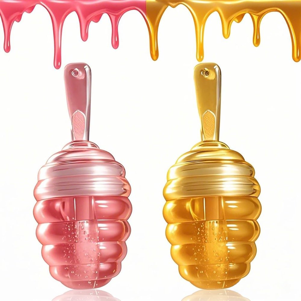 2 Pcs Natural Sleeping Lip Mask, Moisturizing Honey Pot Lip Oil Lip Gloss, Long Lasting & Nourishing Lip Glow Oil, Hydrating & Prevention Dry & Cracked Lip Scrubs Exfoliator (Honey+Peach)