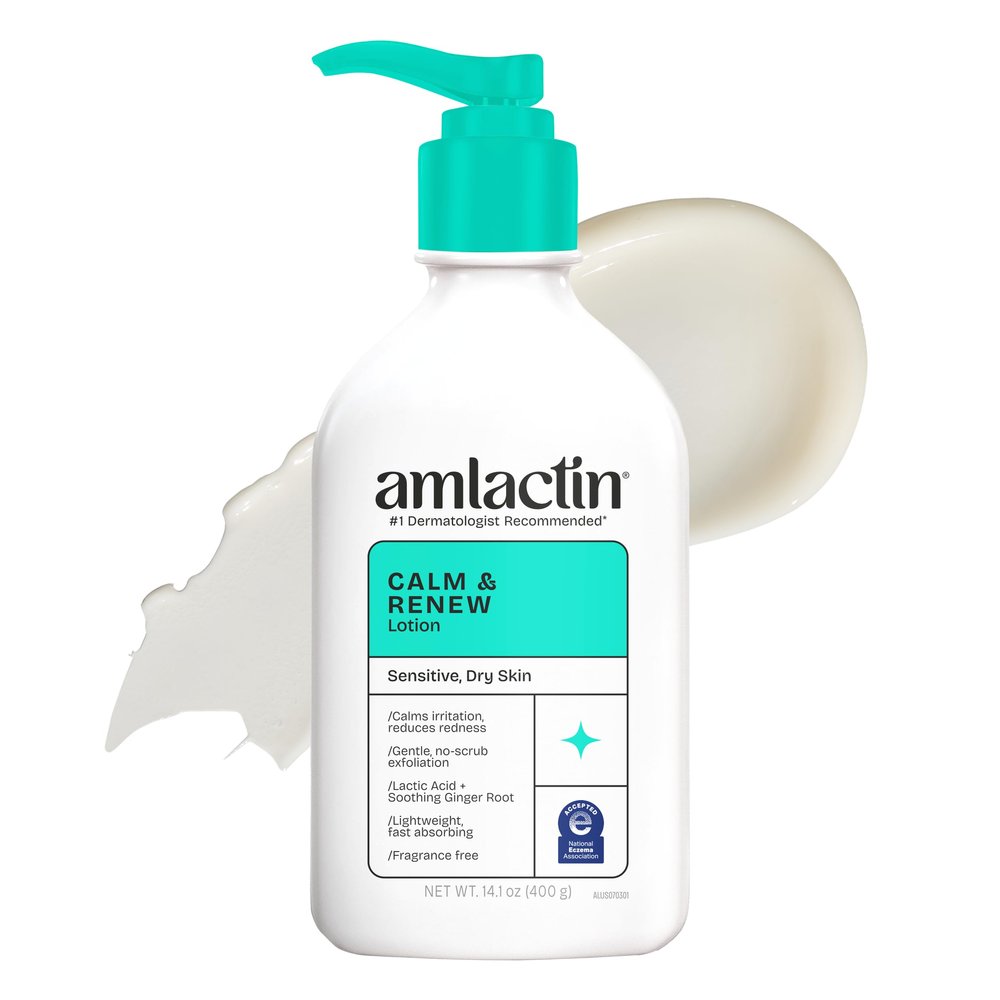 AmLactin Calm & Renew Lotion - Therapeutic Body and Face Moisturizer for Sensitive Skin - No-Scrub Exfoliator and Body Lotion for Dry Skin with Lactic Acid AHA and Soothing Ginger Root, 14.1 oz
