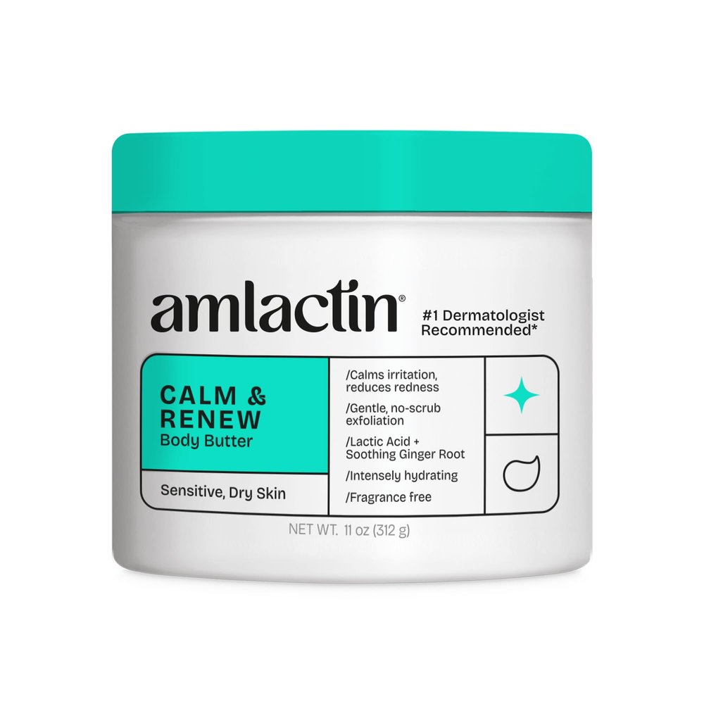 AmLactin Calm & Renew Body Butter - Therapeutic Skin Care Moisturizer for Sensitive Skin - No-Scrub Exfoliator and Body Cream for Dry Skin with Lactic Acid AHA and Soothing Ginger Root, 11oz