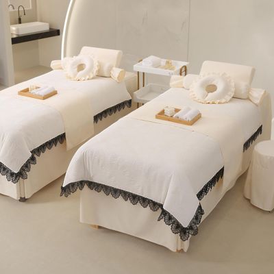 Beige,70x185cm/27.5x72.8in,Lace Massage Table Bed Cover,Reusable Beauty Massage Bed Sheets with Hole Elastic Pillowcase Massage Fitted Sheets Stools Cover 4 Piece Set