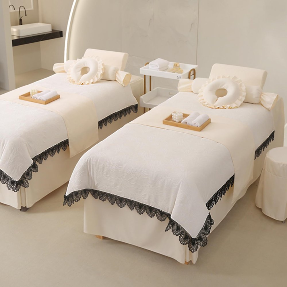 Beige,70x185cm/27.5x72.8in,Lace Massage Table Bed Cover,Reusable Beauty Massage Bed Sheets with Hole Elastic Pillowcase Massage Fitted Sheets Stools Cover 4 Piece Set