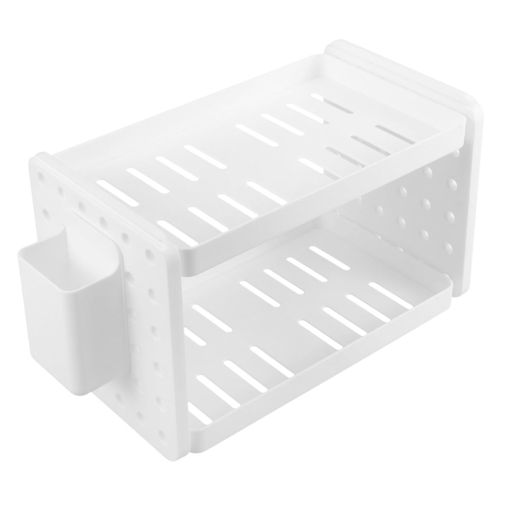 ABOOFAN Double Layer Storage Rack Desk Essentials Collapsible Storage Bins Makeup Organizer Hooks Stationery Organizer Bathroom Shelf Kawaii