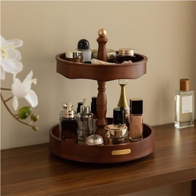 360 Wooden Rotating Makeup Organizer, Vanity Perfume Carousel, Dessert/Key Tray, Rustic Countertop Display Stand