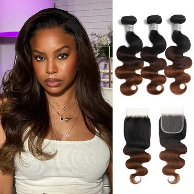 AUROO Chestnut Brown Ombre Bundles with Closure Human Hair Body Wave 20 22 24+18, 12A T1B/2/30 Medium Brown 3 Tone Colored Human Hair 3 Bundles with 4x4 HD Lace Closure Free Part Brazilian Virgin Remy