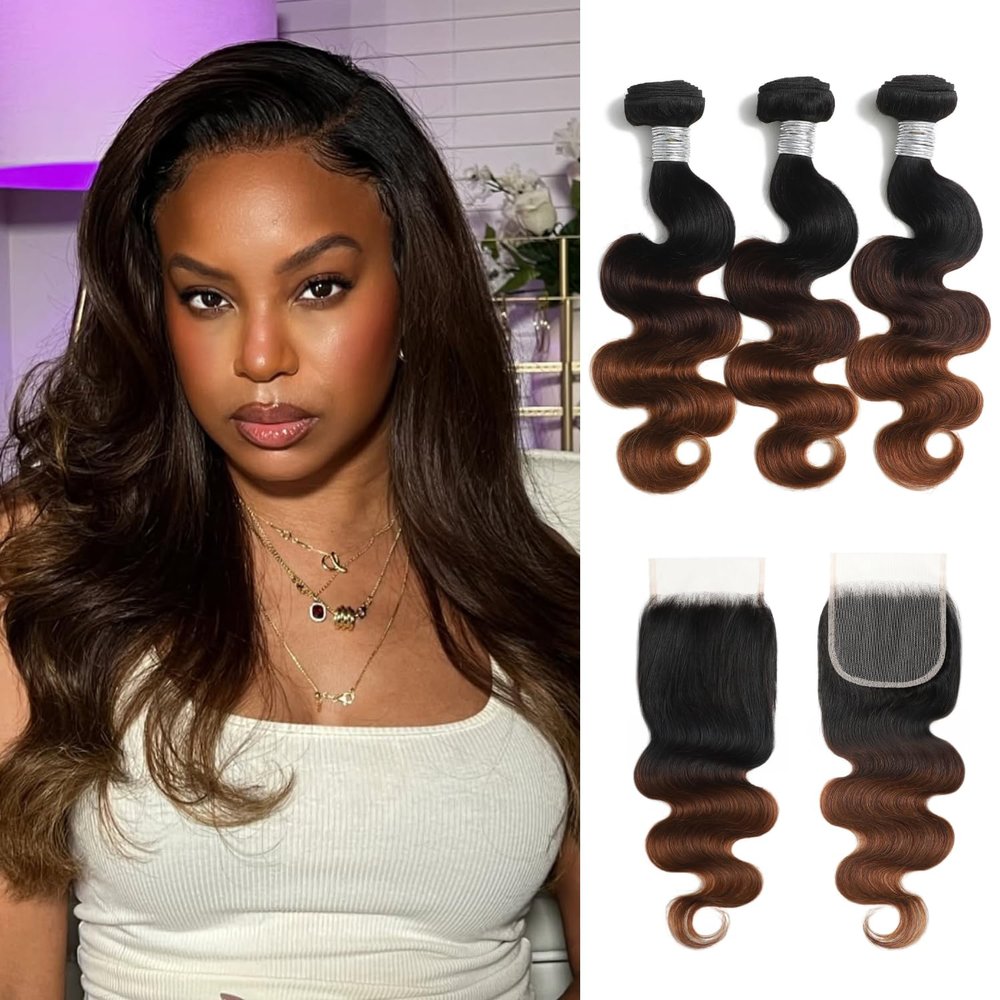 AUROO Chestnut Brown Ombre Bundles with Closure Human Hair Body Wave 20 22 24+18, 12A T1B/2/30 Medium Brown 3 Tone Colored Human Hair 3 Bundles with 4x4 HD Lace Closure Free Part Brazilian Virgin Remy
