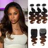 AUROO Chestnut Brown Ombre Bundles with Closure Human Hair Body Wave 20 22 24+18, 12A T1B/2/30 Medium Brown 3 Tone Colored Human Hair 3 Bundles with 4x4 HD Lace Closure Free Part Brazilian Virgin Remy view 1