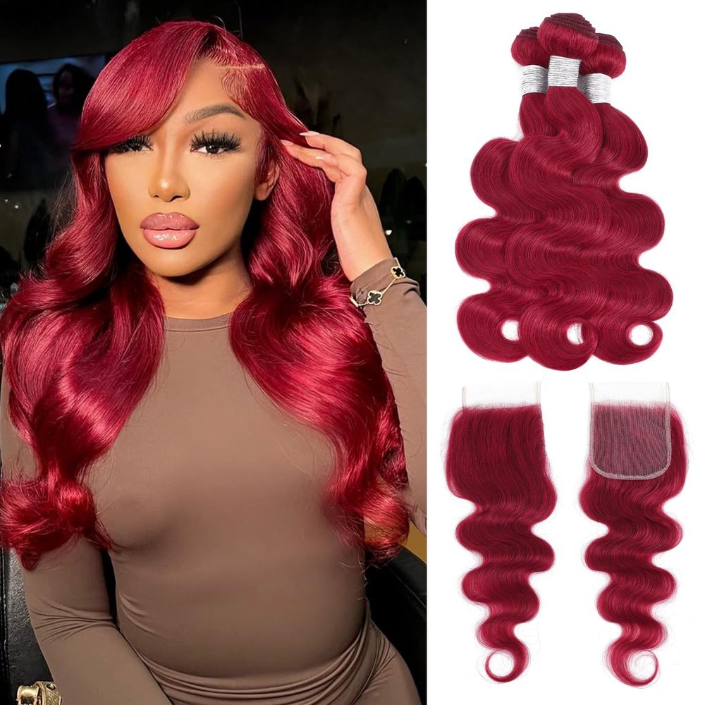 Realloves 99J Burgundy Body Wave Human Hair Bundles with 4x4 HD Lace Closure Brazilian Remy Hair Wine Red Colored Wavy Bundles 18 20 22+18 Inch Free Part
