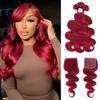 Realloves 99J Burgundy Body Wave Human Hair Bundles with 4x4 HD Lace Closure Brazilian Remy Hair Wine Red Colored Wavy Bundles 18 20 22+18 Inch Free Part view 1