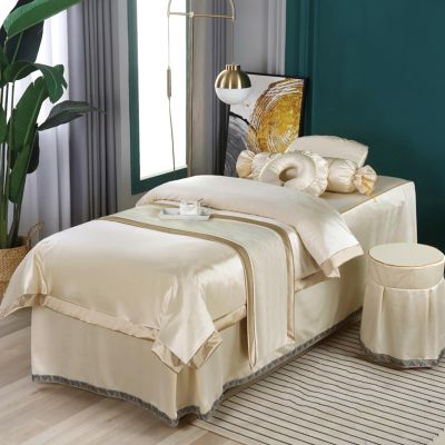 Beige,80x190cm/31.4x74.8in,Beauty Massage Bed Cover with Holes,Elastic Silk Fleece Massage Table Sheets,Washable Salon Spa Pillowcase Stool Cover Massage Table Cover 4 Piece Set